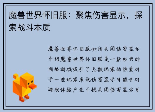 魔兽世界怀旧服：聚焦伤害显示，探索战斗本质
